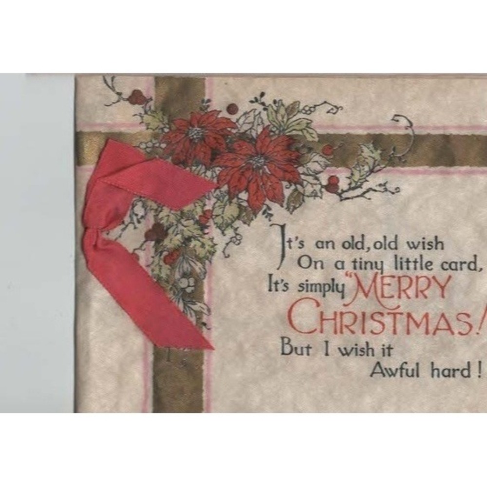 Vintage Christmas Greeting Card Poinsettia Holly Red Ribbon Merry Christmas VG